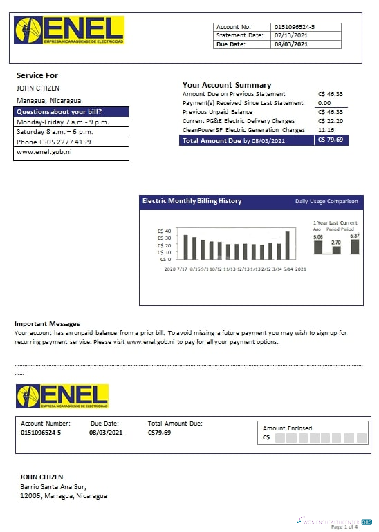 Nicaragua Nicaraguan Electricity Company ENEL electricity utility bill template in Word and PDF format